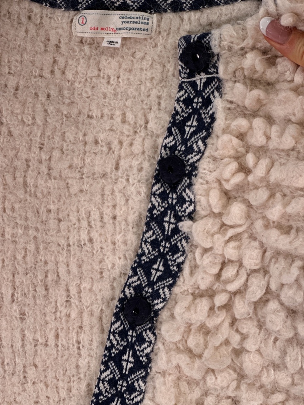 Odd Molly Shaggy Loop Knit Cardigan Fair Isle Alpaca Wool Blend Cream Navy Small - Picture 9 of 13